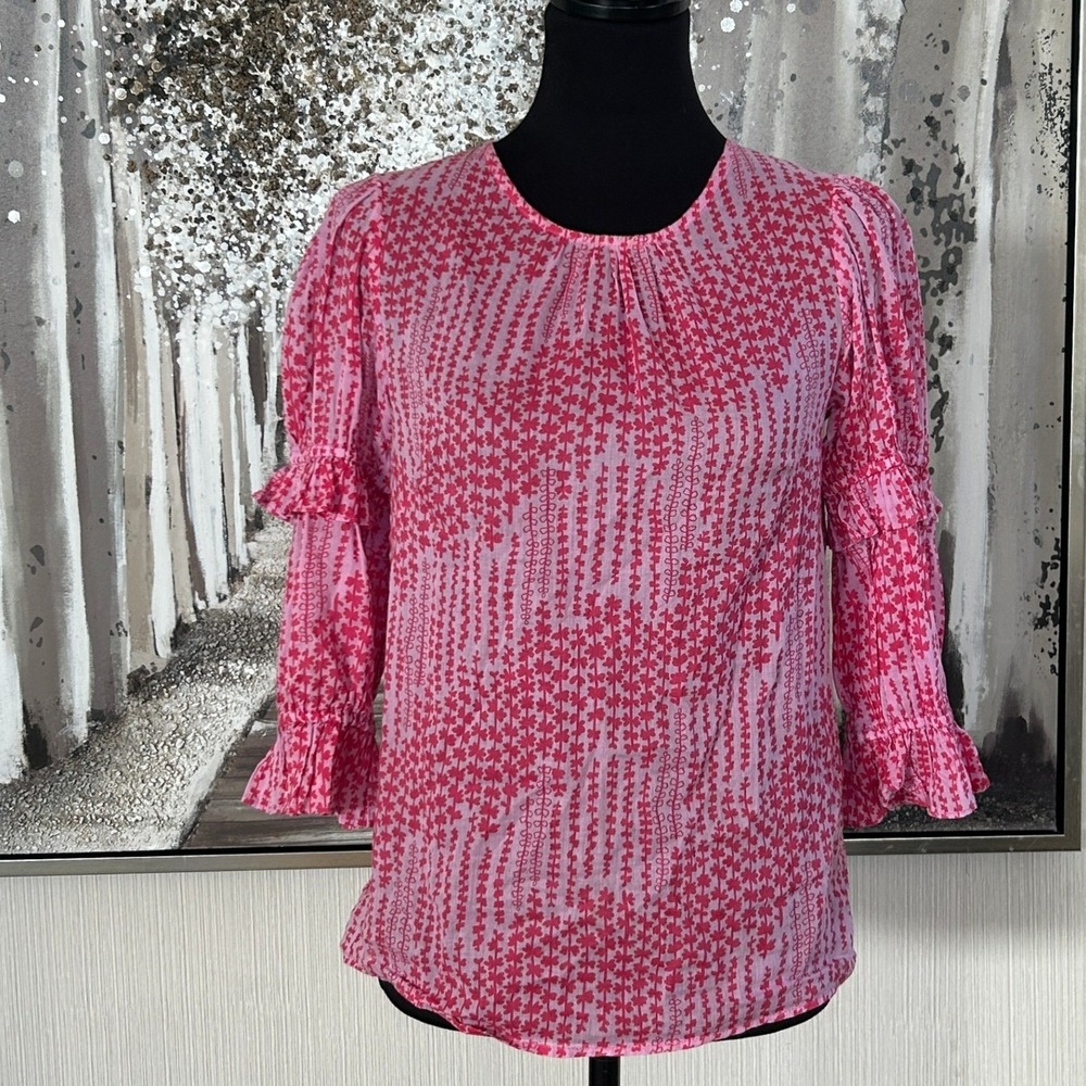 Banjanan Pink Printed Womens Crew‎ Neck 100% Cotton 3/4 Sleeve Blouse - Size XS